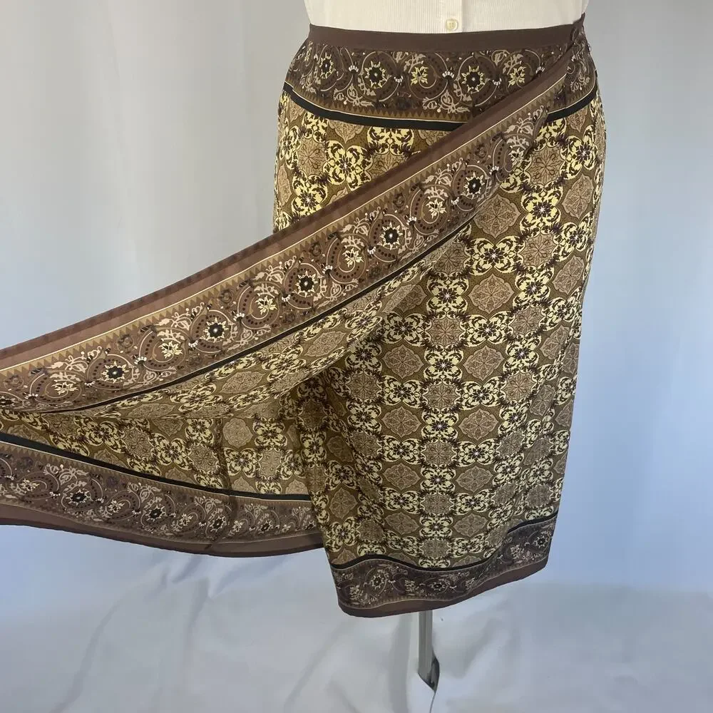 Y2K Midi Skirt Size 14 Brown Medallion Scarf Print Faux Wrap Column Boho Vtg 90s